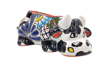 Mexican Talavera Resting Cow Planter Pot Hand Painted - Black & White Body Color